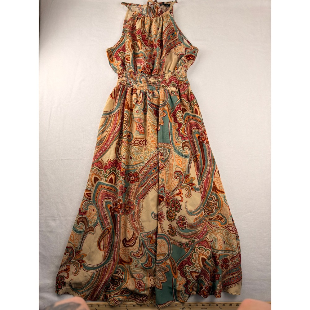 Emery Rose Paisley Halter Maxi Dress Smocked Waist Boho Tan Teal Red Size M
